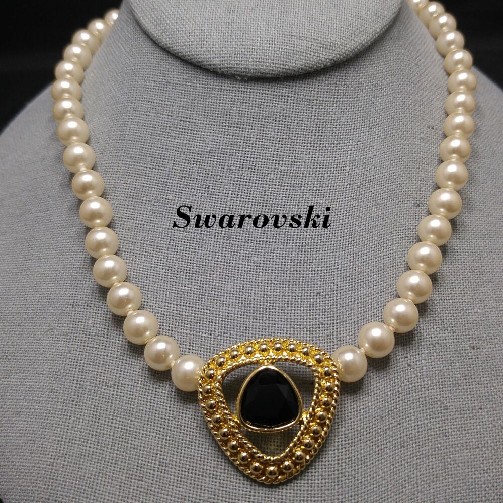 Swarovski Faux Pearl Necklace with Black Crystal Pendant